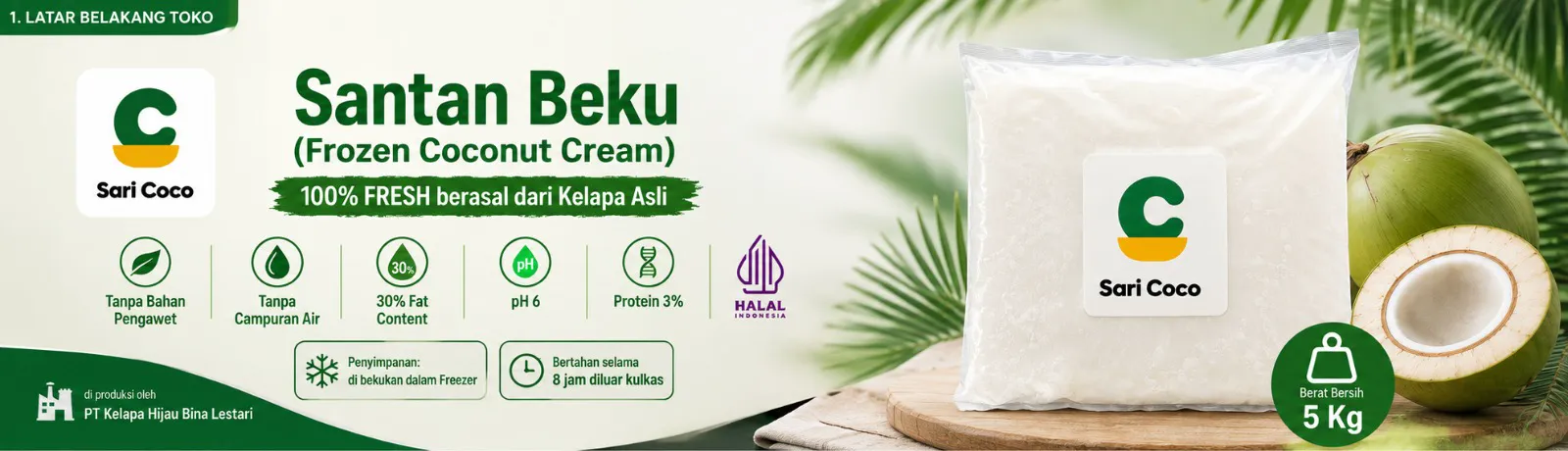 Santan Beku Sari Coco: 100% fresh dari kelapa asli, tanpa pengawet, tanpa campuran air, 30% fat, pH 6, protein 3%, berat bersih 5 Kg
