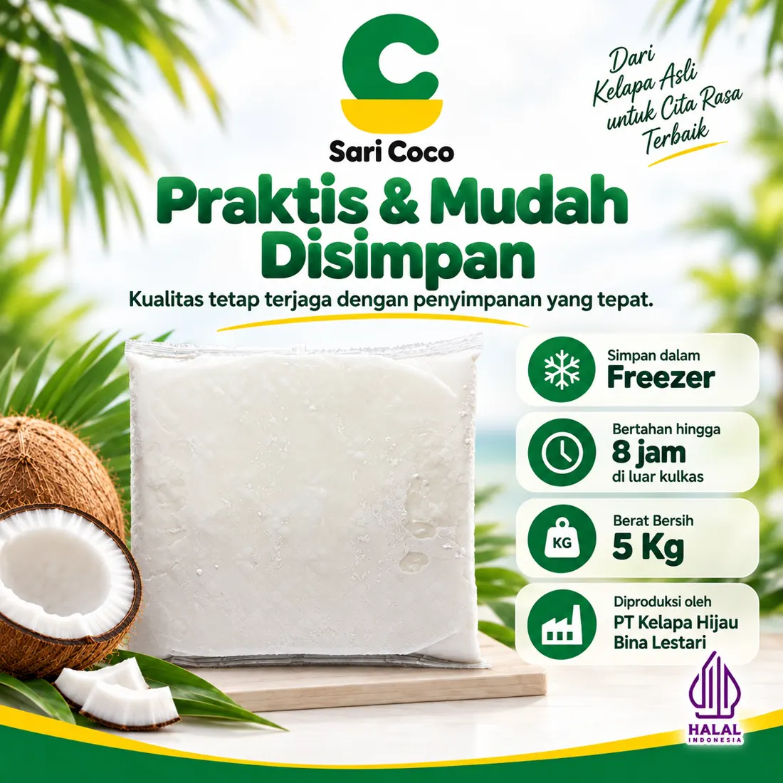 Santan Sari Coco praktis dan mudah disimpan: simpan di freezer, bertahan 8 jam di luar kulkas, berat bersih 5 Kg